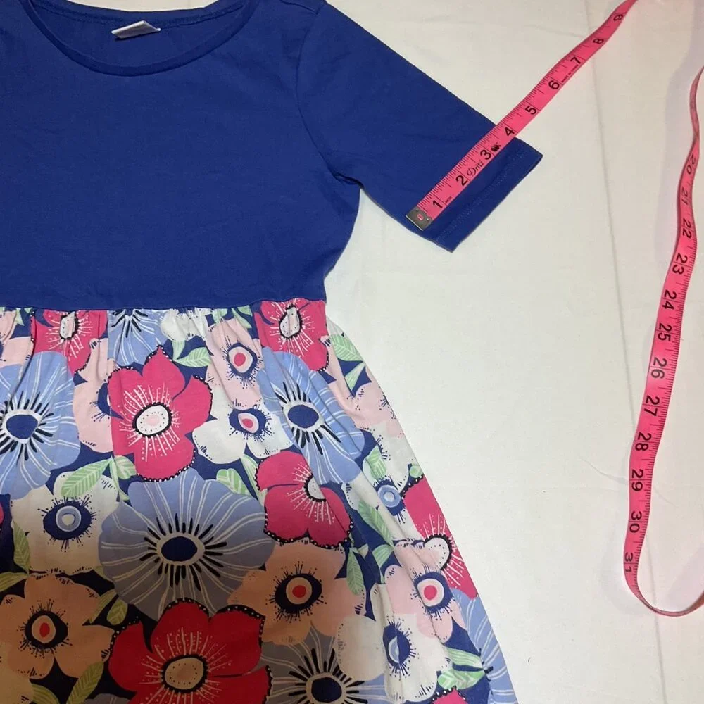 Gymboree Girls Size Small 5-6 Blue Solid Top Floral Bottom Short Sleeve Dress